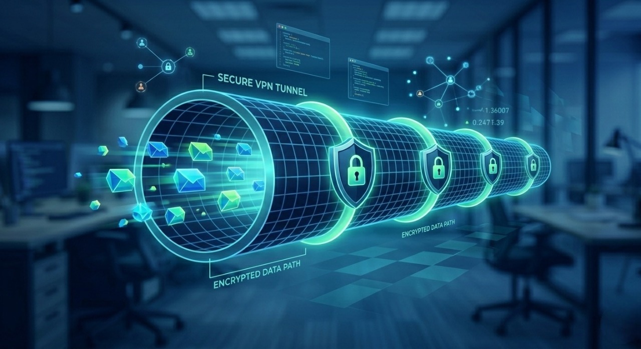 Encrypted digital network tunnel representing a secure VPN connection for private web browsing.
