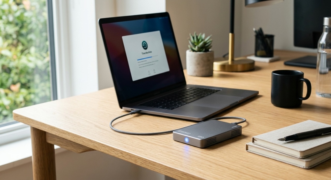 External hard drive backup setup next to a laptop following the 3-2-1 data storage rule.