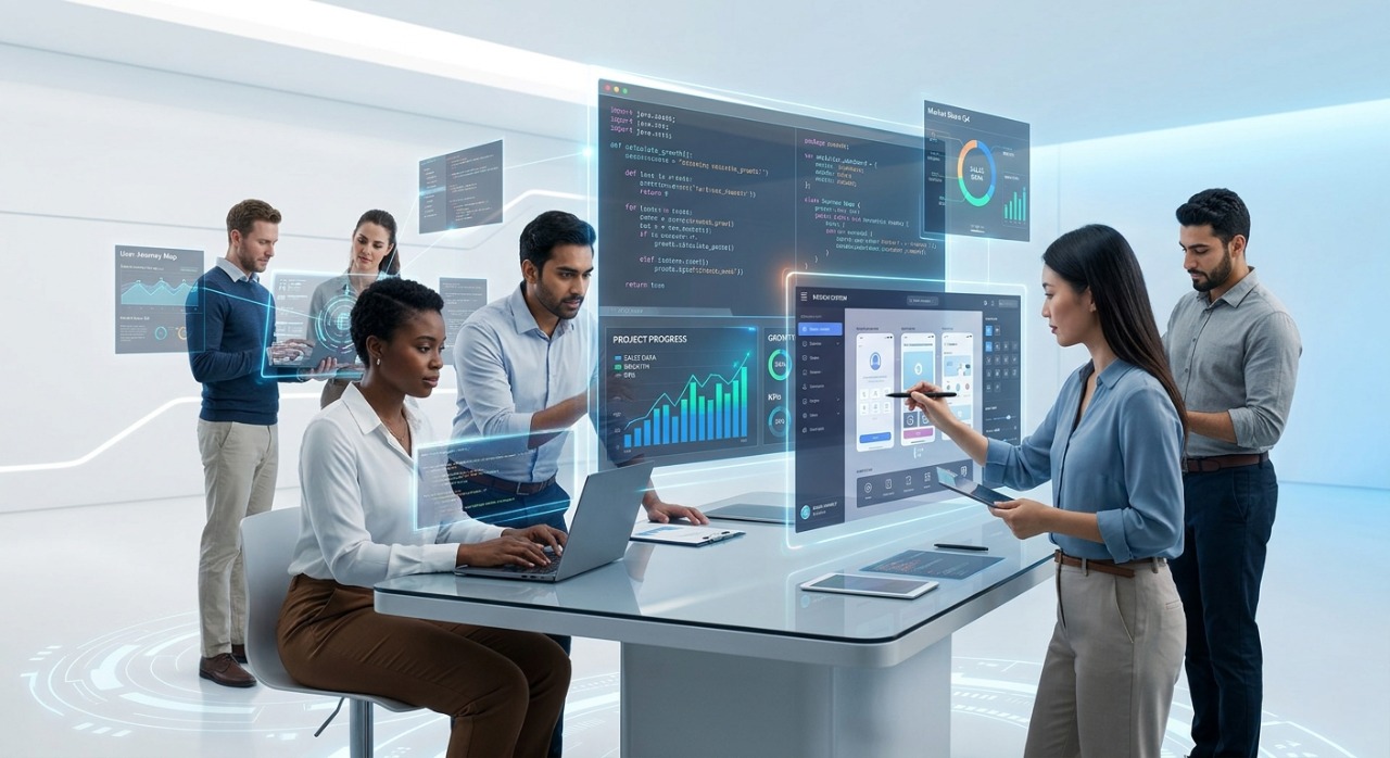 Conceptual illustration of global remote learners connected through digital technology interfaces.