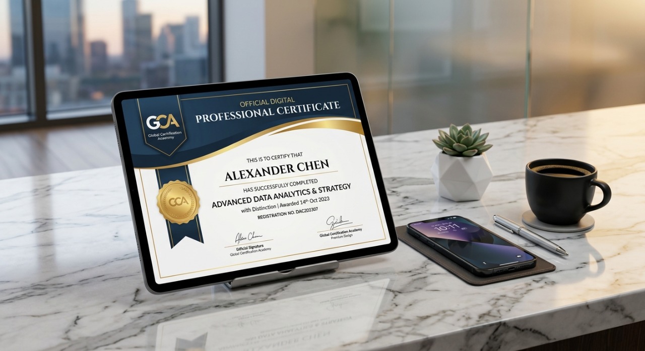 A digital professional certification from a top university displayed on a tablet screen.