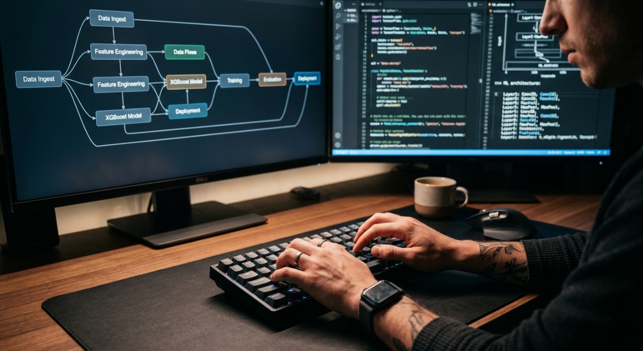 Automated data analysis for small business showing connected machine learning nodes.